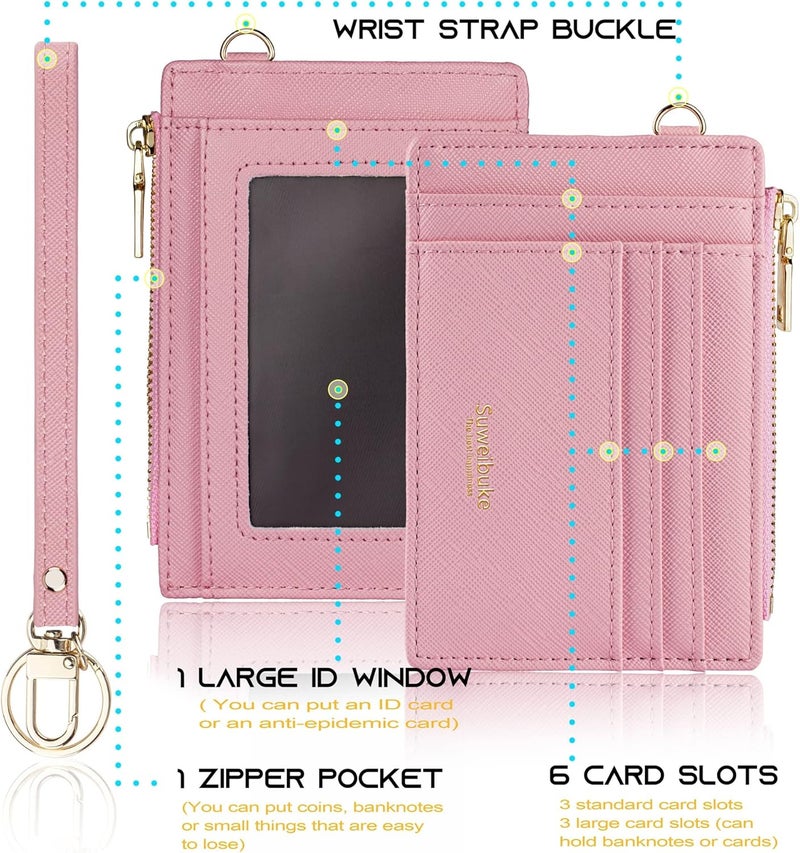 Wikavanli Women Slim Rfid Blocking Credit Card Case Holder Wristlet Zip ID Case Wallet Small Compact Leather Wallet Coin Purse with Keychain (Pink) - Image 5